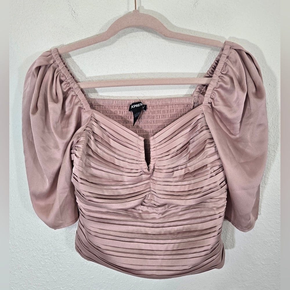 *NWT* Express Elegant Satin Pink Pleated Cropped Top Puff Sleeves Fairycore, XS